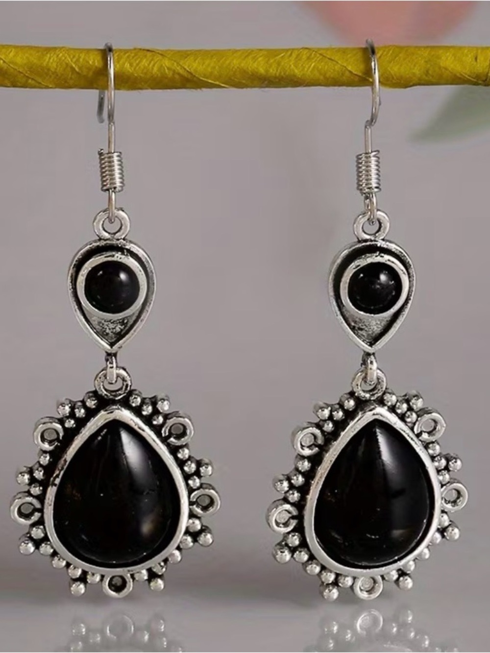Silver-Tone Black Teardrop Dangle Earrings - Women Jewelry